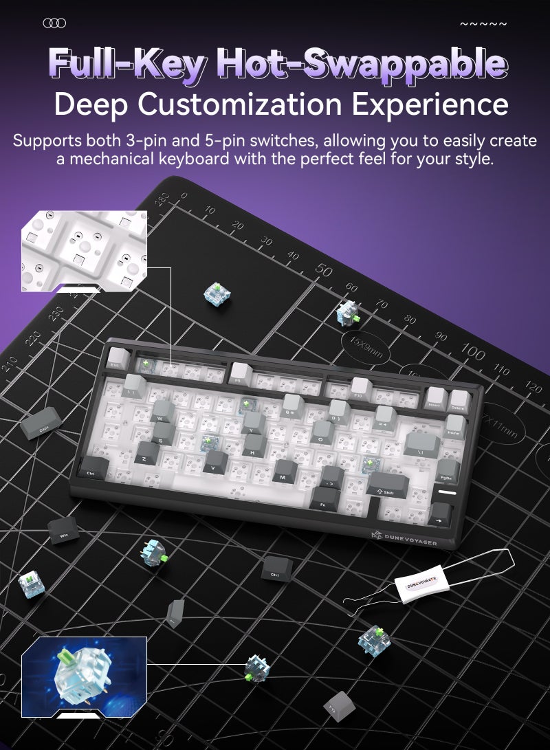 مسافر الكثبان لوحة مفاتيح ميكانيكية DV-N75 بتصميم 75% مع دعم الاتصال ثلاثي الأوضاع، ونظام عزل من 5 طبقات، ودعم التبديل السريع للمفاتيح (Hot-Swap)، وإضاءة RGB، وبرمجة ماكرو مخصصة - Image 4